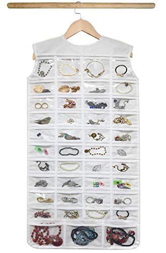 Product Cover BB Brotrade Hanging Jewelry Organizer,Double Sided Jewelry Storage Organizer with Wooden Hanger,86 Clear PVC Pockets for Holding Necklaces, Bracelets, Rings, Earrings (White)