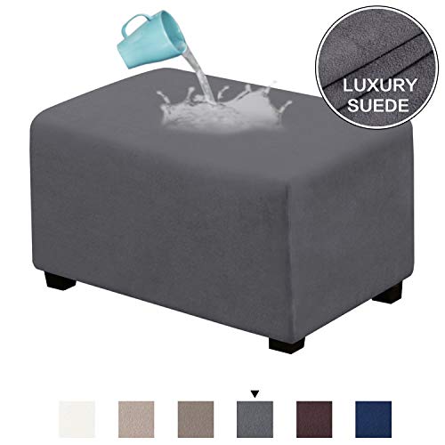 Product Cover Velvet Plush Suede 1 Piece Water Repellent Form Fit Stretch Rectangle Folding Storage Covers Ottoman Slipcovers Removable Footstool Protector Elastic Bottom, Machine Washable(Large, Grey)