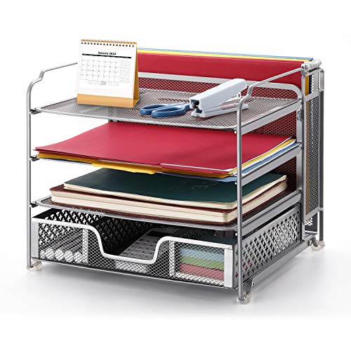 Product Cover Simple Trending 4-Trays Mesh Office Supplies Desk Organizer, Desktop File Holder with Drawer Organizer and Vertical Upright Section for Office Home, Silver