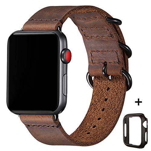 Product Cover Vintage Leather Bands Compatible with Apple Watch Band 38mm 40mm 42mm 44mm,Genuine Leather Retro Strap Compatible for Men Women iWatch Series5 Series4/3/2/1(Brown+Black Connector,42mm 44mm)