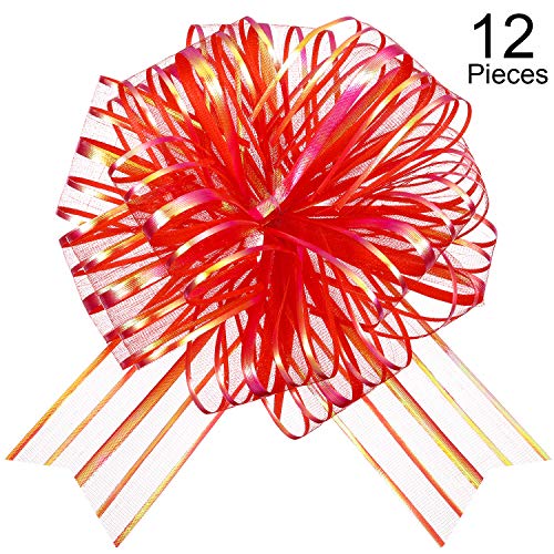Product Cover 12 Pieces Pull Bow Large Organza Pull Bow Gift Wrapping Pull Bow with Ribbon for Wedding Gift Baskets, 6 Inches Diameter (Red)