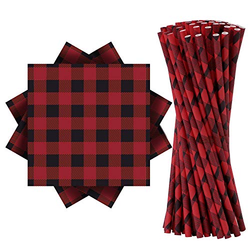 Product Cover Aneco 100 Pieces Red and Black Plaid Party Supplies Party Tableware 50 Pieces Napkins and 50 Pieces Paper Straws for Wedding Bridal Shower Birthday Party