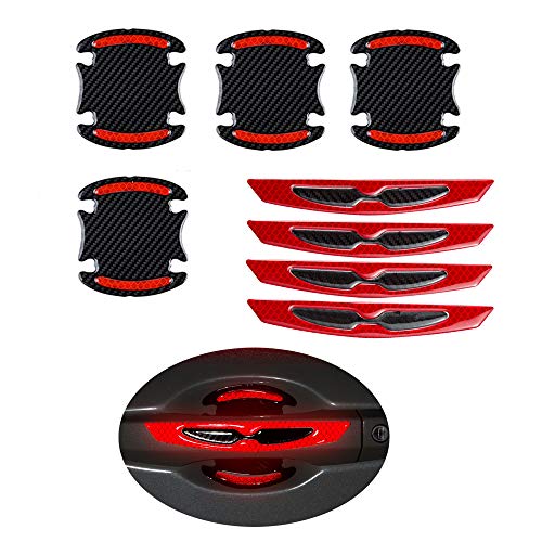 Product Cover LLJ 8pcs Universal 3D Carbon Fiber Car Door Handle Paint Scratch Protector Sticker Auto Door Handle Scratch Cover Guard Protective Film Car Outdoor Safety Reflective Strips (Red)