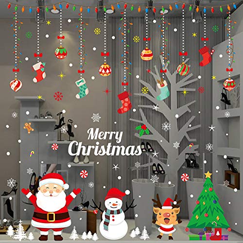 Product Cover WOMHOPE Window Cling Decals Christmas Deluxe Christmas Wall Decorations Winter Holiday Xmas Stickers Celebration Ornament Snowflake Santa,4 Sheets (Santa Claus and Stockings(4 Sheets))