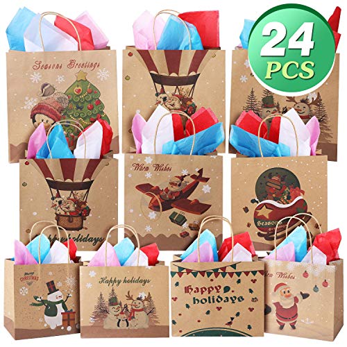 Product Cover Christmas Gift Bags Bulk Set - 24 Count Kraft Gift Bags with Assorted Christmas Prints, Christmas Goody Bags with Handles for Xmas Gift Wrapping, Classrooms & Party