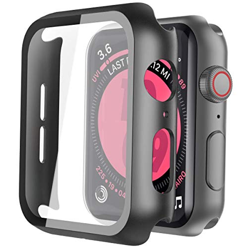 Product Cover Langboom Black Hard Case Compatible with Apple Watch Series 5 Series 4 44mm with Screen Protector, Ultra Thin HD Tempered Glass Screen Protector Overall Protective Cover for iwatch Series 5/4