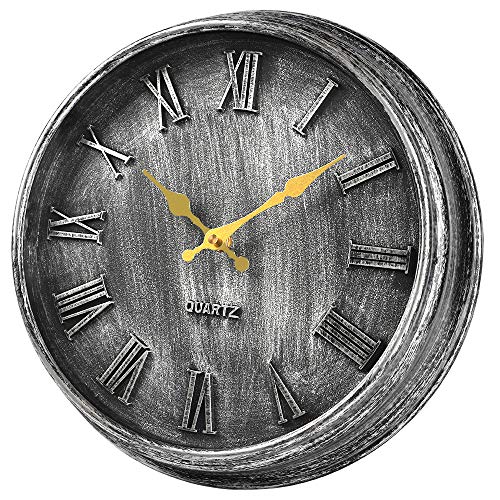 Product Cover HYLANDA 12 Inch Vintage Retro Large 3D Roman Numerals European Style Wall Clock, Silent Wall Clocks Battery Operated Non Ticking Decorative for Kitchen,Home,Bathroom,Office(Silver)