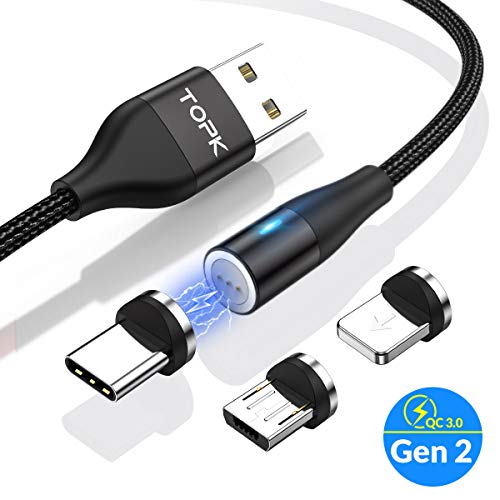 Product Cover TOPK Magnetic Charging Cable,3ft 3A Fast Charging Data Transfer USB Magnetic Cable,Nylon Braided 3 in 1 USB C,Micro USB Phone Charger Cable Compatible with iProduct