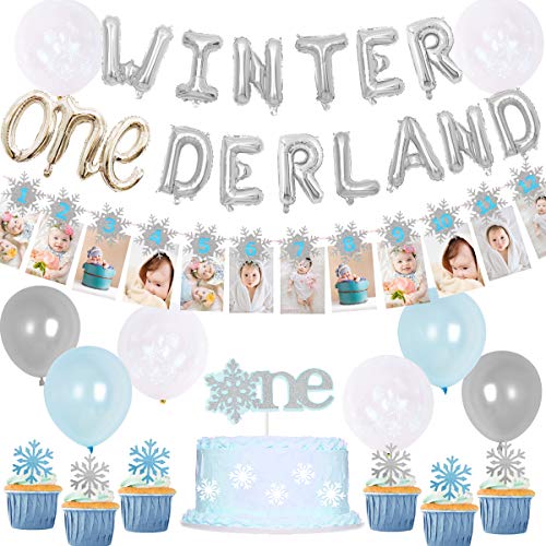 Product Cover Winter Onederland Birthday Decorations, Winter 1st Birthday Blue Onederland Balloons Snowflake Photo Banner for First Birthday Party Supplies