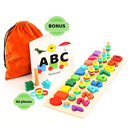 Product Cover TOYVENTIVE Wooden Shapes Number Puzzle - Preschool Educational Toddler Learning Montessori Toys for Toddlers | Wood Puzzles Sorting Toys for Kids | Gifts for 3, 4 Year Old Boy and Girl