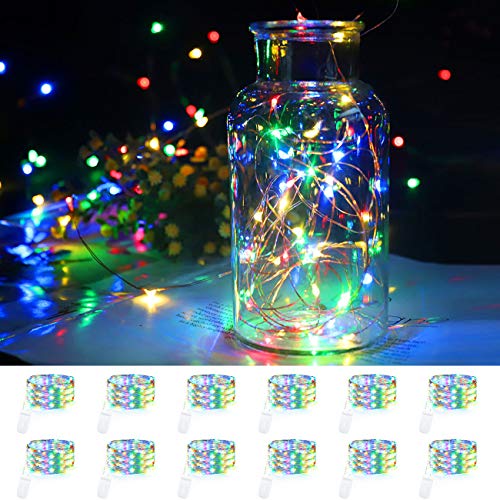Product Cover LEDIKON 12 Pack Colorful Fairy Lights Battery Operated,7.2Ft 20 Led Silvery Wire Multicolor Firefly Lights,Waterproof Mini String Lights for Wedding Centerpieces Mason Jars Crafts Christmas Decor