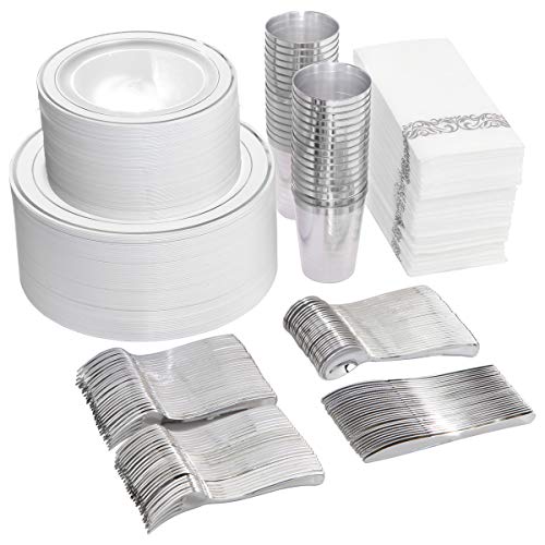 Product Cover 800 Piece Silver Dinnerware Set-200 Silver Plastic Plates-300 Silver Plastic Silverware Set-100 Cups-100 Napkins-100 Paper Straws,Silver Dinnerware Set for Party or Wedding up to 100 Guests (Silver)