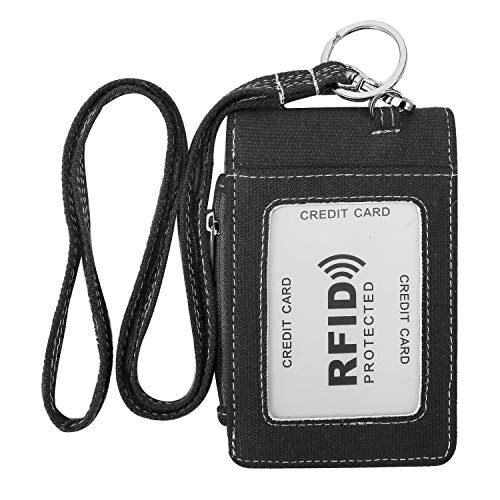 Product Cover Zip ID Case Card Holder, Small Card and Coins Purse with Key Ring and Lanyard for Women - Black