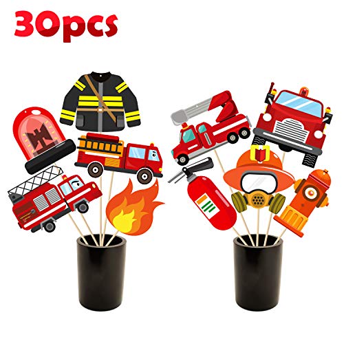 Product Cover MALLMALL6 30Pcs Fire Truck Centerpiece Sticks Fireman Themed Birthday Party Favor Firefighter Table Topper Decorations Firetruck Fire Hat extinguisher Room Decor Photo Booth Props for Kids Baby Shower