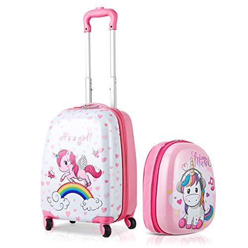 Product Cover HONEY JOY 2Pc Kids Luggage Set, 12'' Backpack & 16'' Rolling Suitcase, Hard Shell Trolley Suitcase with Spinner Wheels, Carry On Luggage Set for Boys and Girls Travel (Unicorn)