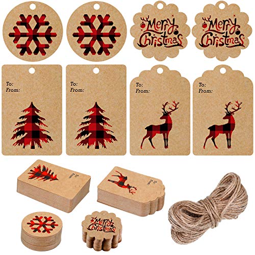 Product Cover 200 Pieces Christmas Paper Tags Kraft Gift Tags Hang Labels with Red and Black Plaid Snowflake Christmas Tree Elk Patterns and 66 Feet Twine Rope for Christmas