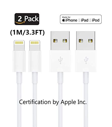 Product Cover 2Pack Apple Original Charger [Apple MFi Certified] Lightning to USB Cable Compatible iPhone Xs/X/8/7/6s/6/6 plus/5s/5/SE,iPad Pro/Air/Mini,iPod Touch(White 1M/3.3FT) Original Certified