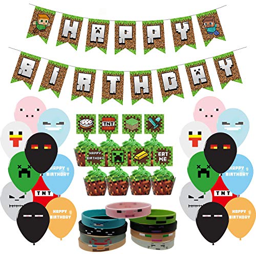 Product Cover 87 Pcs Pixel Style Gamer Party Supplies, Miner Theme Birthday Party Favors and Decors Set Includes 1 Banner, 20 Balloons, 24 Cupcake Toppers and 24 Wrappers, 18 Bracelets.