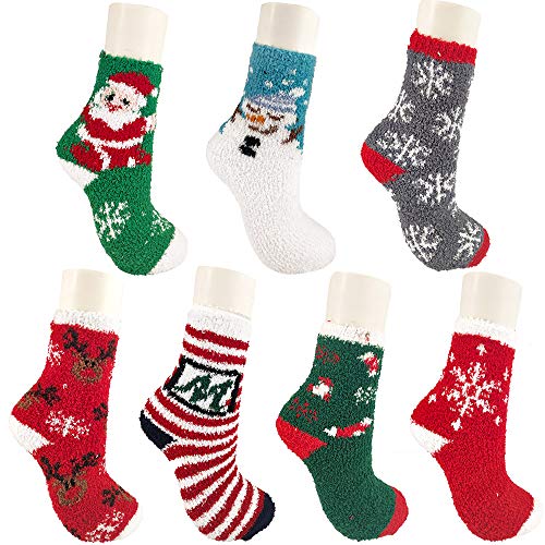Product Cover Christmas Fuzzy Socks,5-7 Pairs Fluffy Socks Women Holiday Cute Socks XMAS Santa Socks Cozy Crew Socks for Women