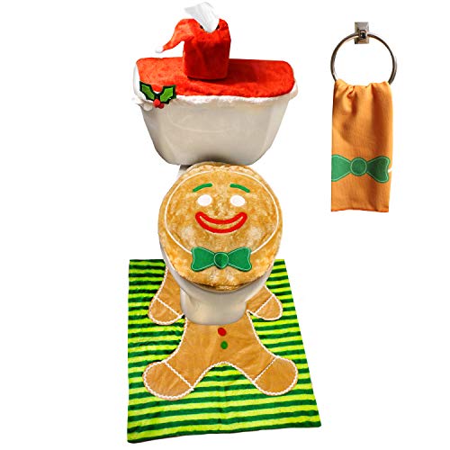 Product Cover JOYIN 5 Pieces Christmas Gingerbread Man Theme Bathroom Decoration Set w/Toilet Seat Cover, Rugs, Tank Cover, Toilet Paper Box Cover and Santa Towel for Xmas Indoor Décor, Party Favors