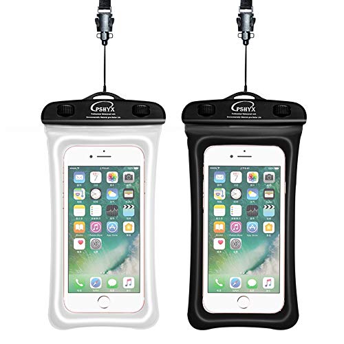 Product Cover PSHYX 081 Universal 100 Feet Waterproof Phone Pouch Waterproof Bag with Inflatable Ring Compatible for iPhone Samsung Google Motorola LG Phone up to 7 Inch (Black and White, Pack of 2)