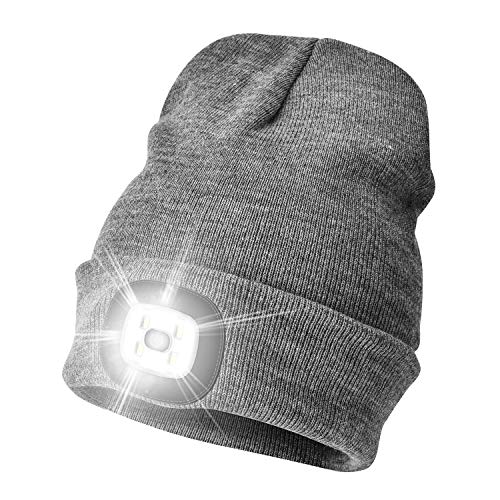 Product Cover Etsfmoa Unisex LED Beanie Hat with Light, Gift for Men and Women USB Rechargeable Winter Knit Lighted Headlight Hats Headlamp Skull Cap (Grey)