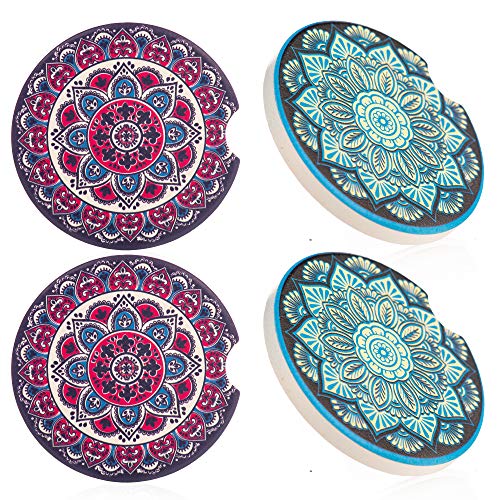 Product Cover 4pack Car Coasters Cup Holders Absorbent - 2 Different Styles Cupholder Ceramic Drink Coaster for Women - Made of Black Stone Cute Mandala Marble Stoneware Perfect for Suv Accessories or Any Vehicle
