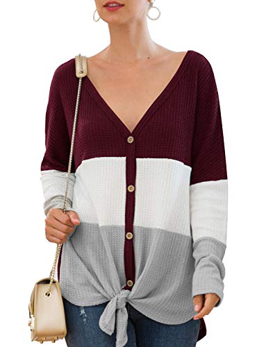 Product Cover IWOLLENCE Womens Waffle Knit Tunic Blouse Tie Knot Long Sleeve Henley Tops Triple Color Block T-Shirt