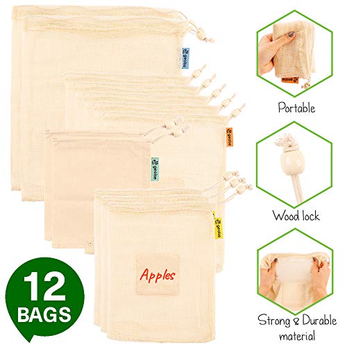 Product Cover Reusable Produce Bags Foldable and Washable-12 Household Grocery Cloth Bags Eco-Friendly Zero Waste Large and Small with 20 Customized Label Stickers for Groceries and Storage Food Vegetable Fruit Toy