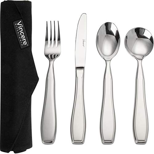 Product Cover Weighted Utensils for Tremors and Parkinsons Aids Devices - Heavy Weight Stainless Steel Silverware Set, Adaptive Eating Flatware Helps Hand Tremors, Parkinson, Arthritis - Knife, Fork, 2 Spoons & Bag
