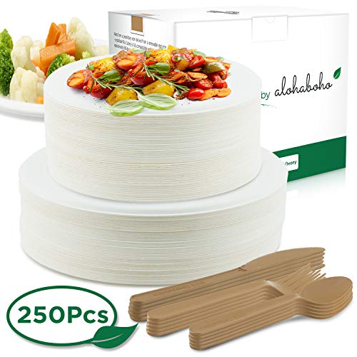 Product Cover 250 Pieces Disposable Dinnerware Set, Compostable Plant Based Cutlery Eco-Friendly Tableware Includes Heavy Duty Forks, Knives, spoons and Biodegradable Paper Plates Combo for Party, Camping, Picnic (Natural)