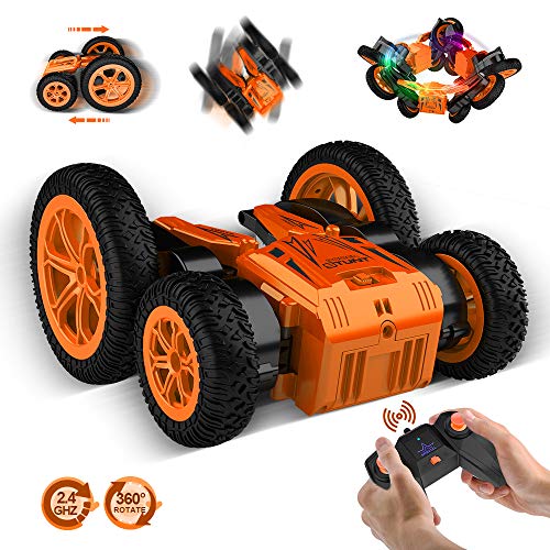Product Cover Lanpn Remote Control Cars for Kids 1:24 4WD RC Stunt Car Toy, 2.4GHz Rechargeable Hobby RC Crawlers, Double Sided Rotating with Led Head-Lights, Birthday/Christmas for Boys/Girls (Brown)