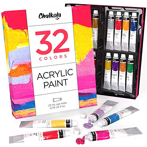 Product Cover Acrylic Paint Set (32 Colors, 22 ml Tubes, 0.74 oz.) for Canvas, Crafts, Wood Painting - Rich Pigment, Non Fading, Vibrant Non Toxic Paints for Kids, Adults, Beginner & Professional Artists