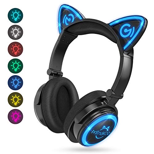 Product Cover MindKoo Wireless Headphones Bluetooth LED Light Up 7 Color Blinking Cat Ear Over Ear/On Ear Safe Foldable Headset Stero with Microphone for iPhone/iPad/Smartphones/Laptop/PC/TV Kids Adults