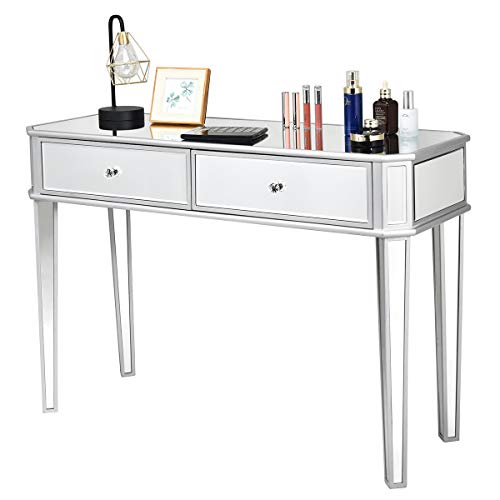 Product Cover Tangkula Mirrored Vanity Table Makeup Table, Silver Console Modern Mirrored Makeup Desk, Silver Mirror Vanity Table with 2 Drawers, Jewelry Holder Cosmetics Organizer for Bedroom (Silver)