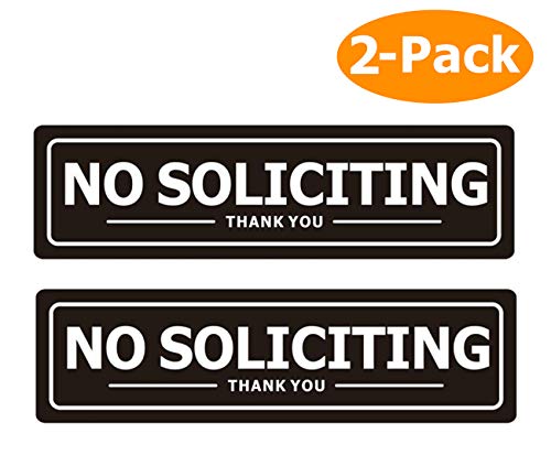Product Cover No Soliciting Sign for Door - Metal Signs for House Business and Office Wall - Weather Resistant Aluminum with Strong Self Adhesive (2 Pack, Black 7×2 inches)