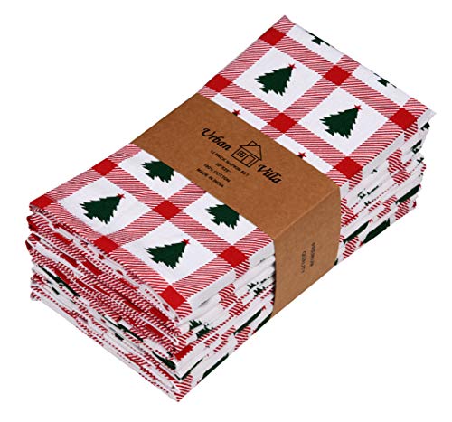 Product Cover Urban Villa,Christmas Tree Print, Dinner Napkins, 100% Cotton, Set of 12,Size 20X20 Inch,Red/Green/White Oversized Cloth Napkins with Mitered Corners, Ultra Soft, Durable Hotel Quality