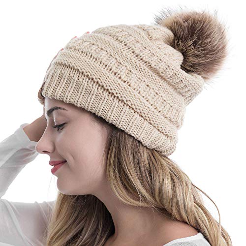 Product Cover Kan.F Women Winter Knit Warm Beanie with Faux Fur Pompom Soft Chunky Baggy Skull Ski Cap Red