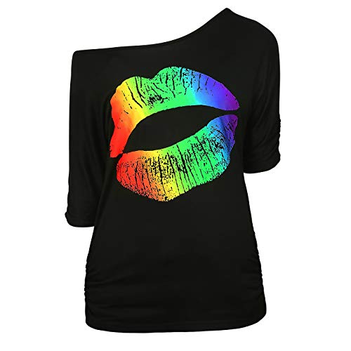 Product Cover HDE Retro Off Shoulder Tops for Women Rainbow Lips T-Shirt 80s Workout Costume Top