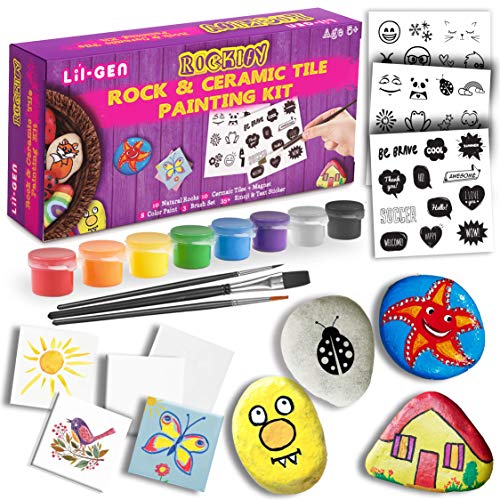 Product Cover Li'l-Gen Magnetic Tile and Rock Painting Kit for Kids, Arts and Crafts for Girls & Boys - 10 Rocks, 10 Mini Tiles, 8 Paint Colors, Magnets, 3 Brushes and Art Transfer Stickers