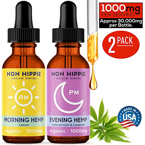 Product Cover Organic Hemp Oil 2 Pack by Non Hippie - AM and PM Formulas - Hemp Extract Oil for Pain Relief, Anxiety Relief, and Sleep - Vegan - 2 Bottles (60 Total Servings)