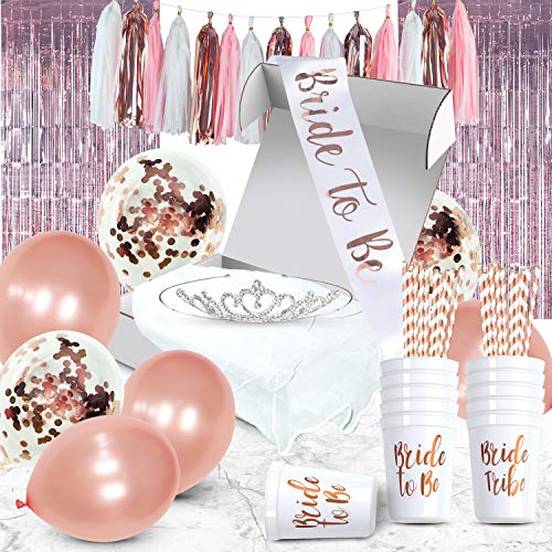 Product Cover Ultimate Rose Gold Bachelorette Party Decorations Decor Kit with Bride Tiara and Sash - Includes Bride-to-Be & Bride Tribe Cups, Balloons, Tassels, Straws, Veil, and Fringe Curtain Backdrop