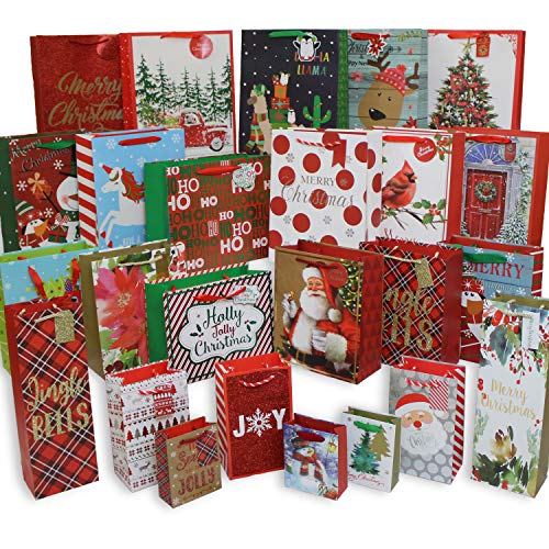 Product Cover 612 Vermont Christmas Gift Bags, Bulk Set Includes 5 Jumbo/Large, 6 Medium, 6 Small, 3 Perfume, 3 Mini, 2 Wine Bottle for Wrapping Holiday Gifts (Pack of 25)