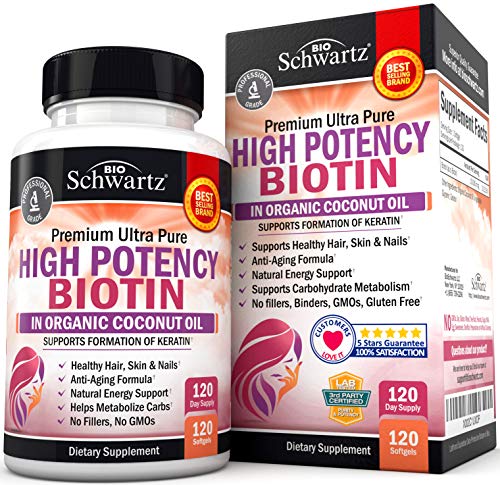 Product Cover High Potency Biotin 10000mcg Supplement with Organic Coconut Oil - for Hair Growth, Skin & Nail Support - Promotes Keratin Formation & Hydration - Anti-Aging, Metabolism & Natural Energy Support