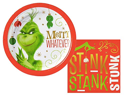 Product Cover Grinch Christmas Party Supply Set - Disposable Paper Desert Plates & Napkins - Serves 16