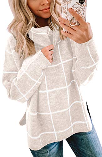 Product Cover ECOWISH Women Pullover Sweater Turtleneck Plaid Long Sleeve Loose Casual Chunky Checked Knitted Winter Sweaters Jumper Tops