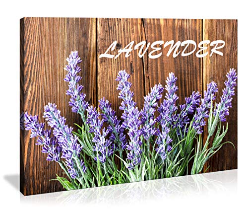 Product Cover Artwork Decor Canvas Wall Art Retro Style Purple Lavender Flowers Wall Decor Picture on Brown Vintage Wood Background Rural Modern for Living Room Bedroom Bathroom Kitchen Office Home Decoration