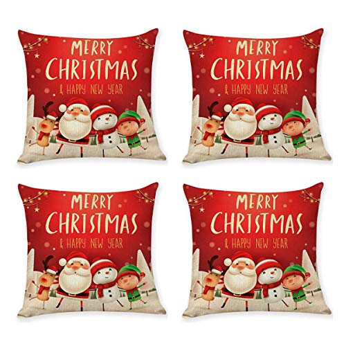 Product Cover Morinostation 4 PCS Christmas Throw Pillow, Winter Festival Home Cushion Covers Santa Reindeer Snowman Home Office Decor Festive Home Decor Cushion Covers 18 x 18 Inch