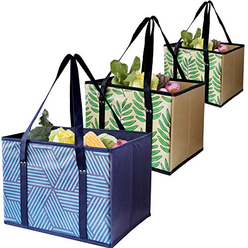 Product Cover TLPSGOU Reusable Shopping Box Grocery Bag,Shopping Tote Bag with Extra Long Handles,Eco-Friendly, Large, Durable, Foldable with Reinforced Sides and Bottoms- Set of 3 (Blue+Navy Beige)