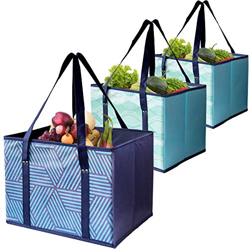 Product Cover TLPSGOU Reusable Shopping Box Grocery Bag,Shopping Tote Bag with Extra Long Handles,Eco-Friendly, Large, Durable, Foldable with Reinforced Sides and Bottoms- Set of 3 (Navy Blue+Bule)